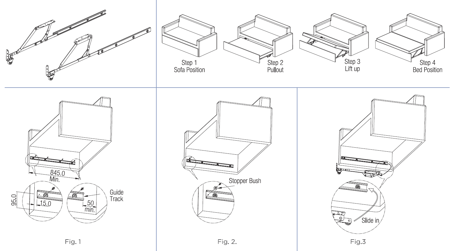 pro lift sofa bed fittings with guide